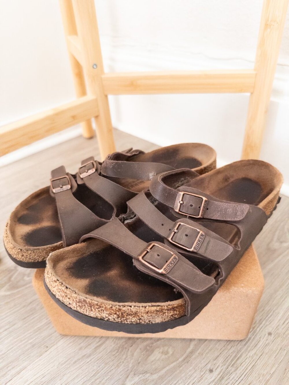Birkenstock Florida Three-Strap Brown Sandals, Original Footbed